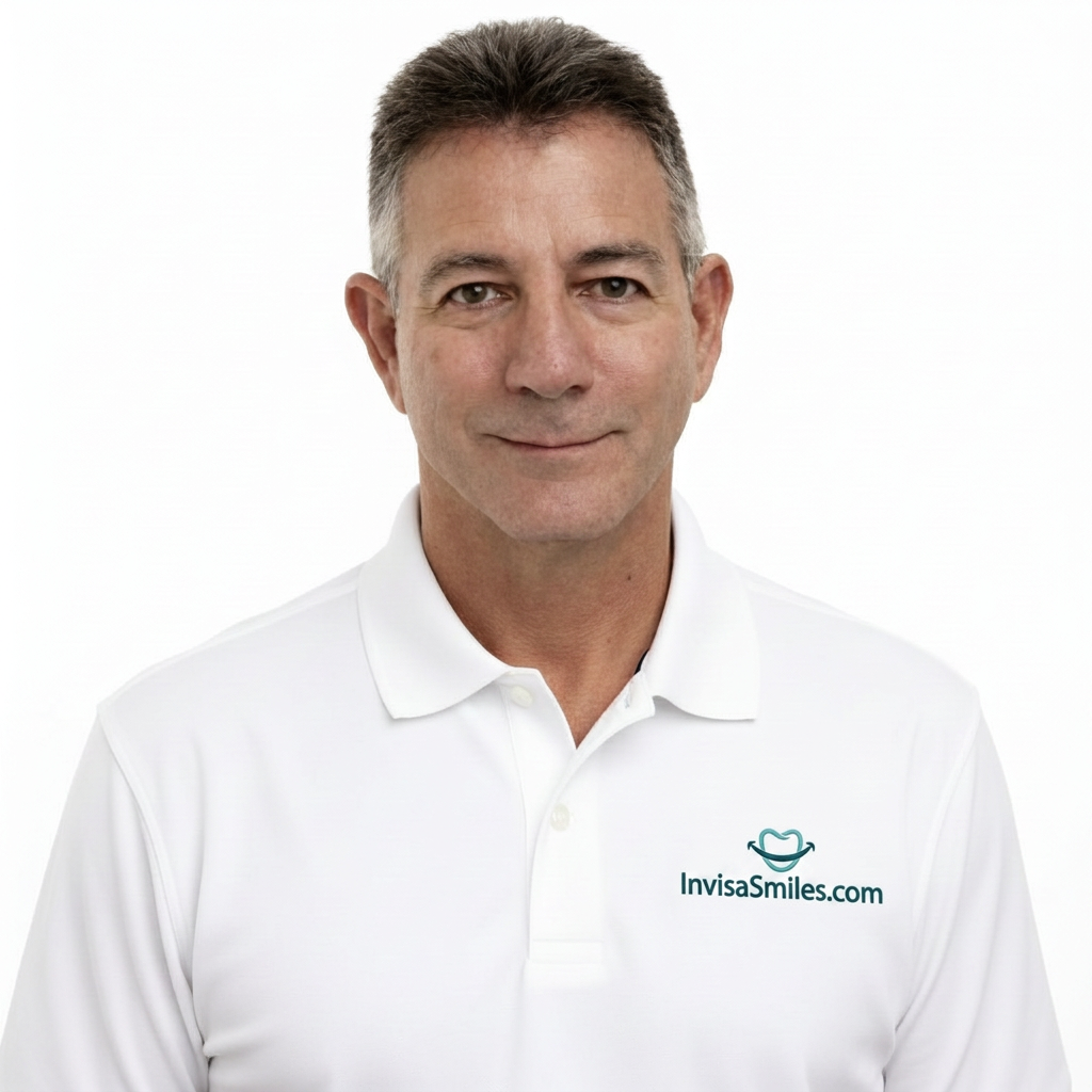 Rand, founder of InvisaSmiles.com, wearing an InvisaSmiles.com polo shirt