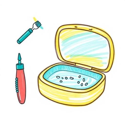Crayon drawing of an aligner care bundle with brush and case