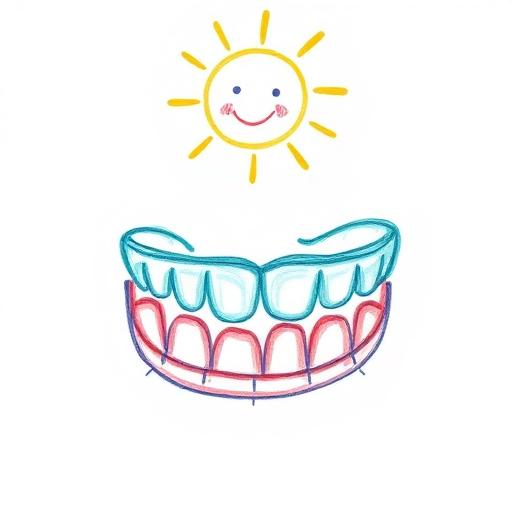 Crayon drawing of day-time aligners under a smiling sun
