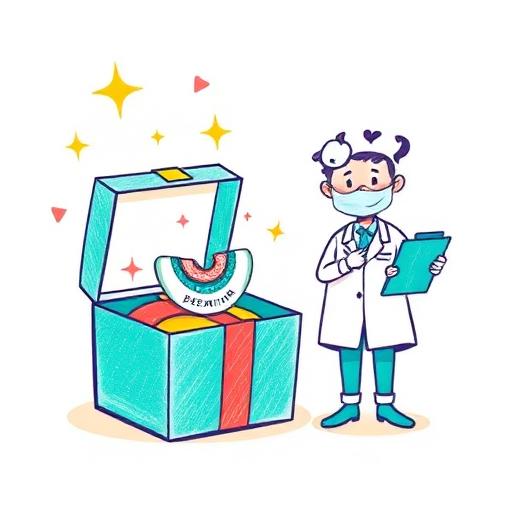 Crayon drawing of a dentist with a premium gift box of aligners