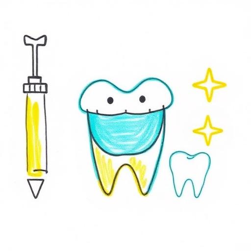 Crayon drawing of a whitening kit with a sparkling tooth